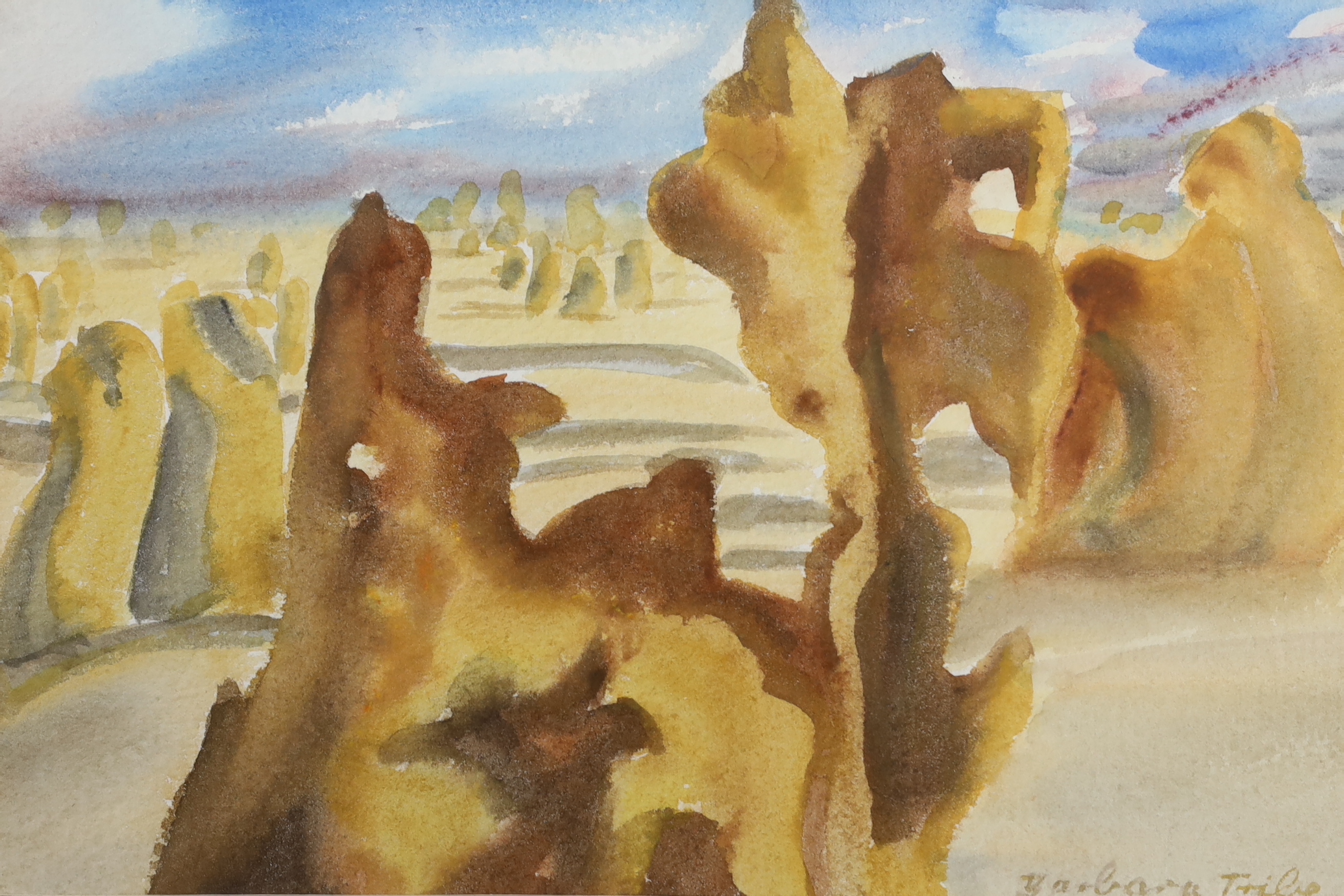Barbara Tribe (1913-2000), two watercolours, ‘Pillars in the Sand, Western Australia’ and ‘Snow Santa Rita Mountains, Mexico to Arizona', signed, labels verso, the largest 33cm x 24cm